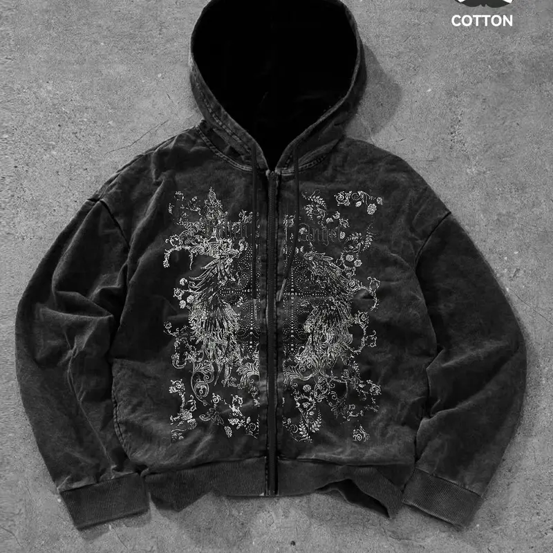 Men's Vintage Washed Cotton Long Sleeve Hoodie with Zipper, Gothic Baroque Floral Print, Breathable Comfort Fit, Casual Streetwear, Hooded Zipper Sweatshirt for Spring & Fall