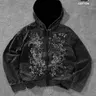 Men's Vintage Washed Cotton Long Sleeve Hoodie with Zipper, Gothic Baroque Floral Print, Breathable Comfort Fit, Casual Streetwear, Hooded Zipper Sweatshirt for Spring & Fall