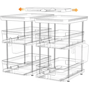 Clear Bathroom Organizers 2 Sets 3 Tier, Pull Out Organizer and Storage with 2 Cups, Slide Out Drawer Storage Container with 6 Dividers, Multi-Purpose Bathroom Organizer, Kitchen Under Sink Organizer