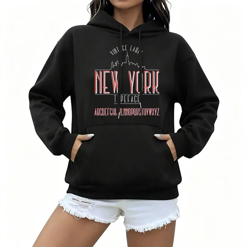 Women's Patriotic New York Graphic Hoodie - Womenswear, Sweatshirts, Breathable, Loose-Fit Basic Pullover, Black, Suitable for Cold Weather & Everyday Casual Layering with Jeans or Casual Tops