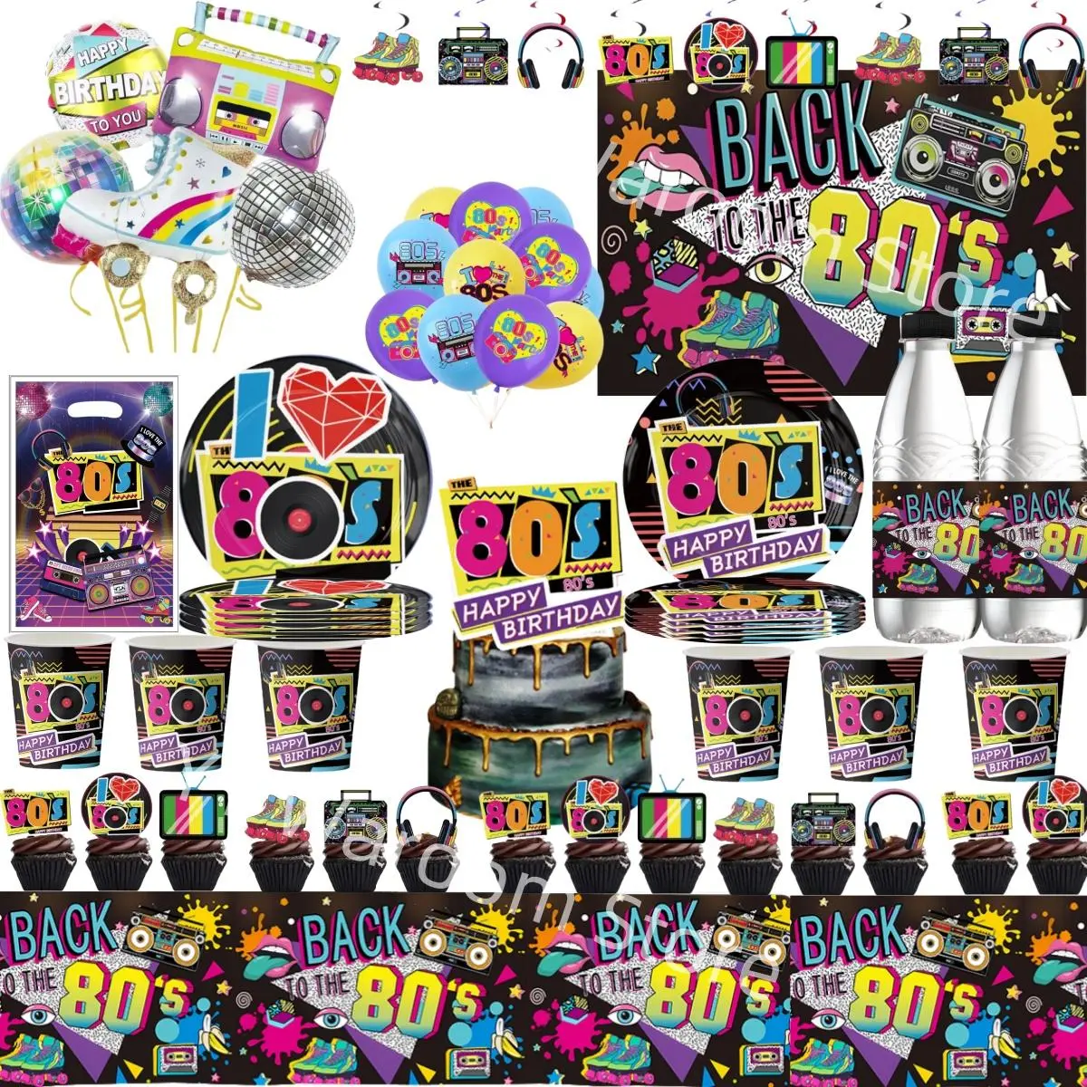 Hip Hop 80‘ Birthday Party Decoration 1980s Disposable Tableware Plate Cup Retro Disco Balloon Back to 80s Adults Party Supplies
