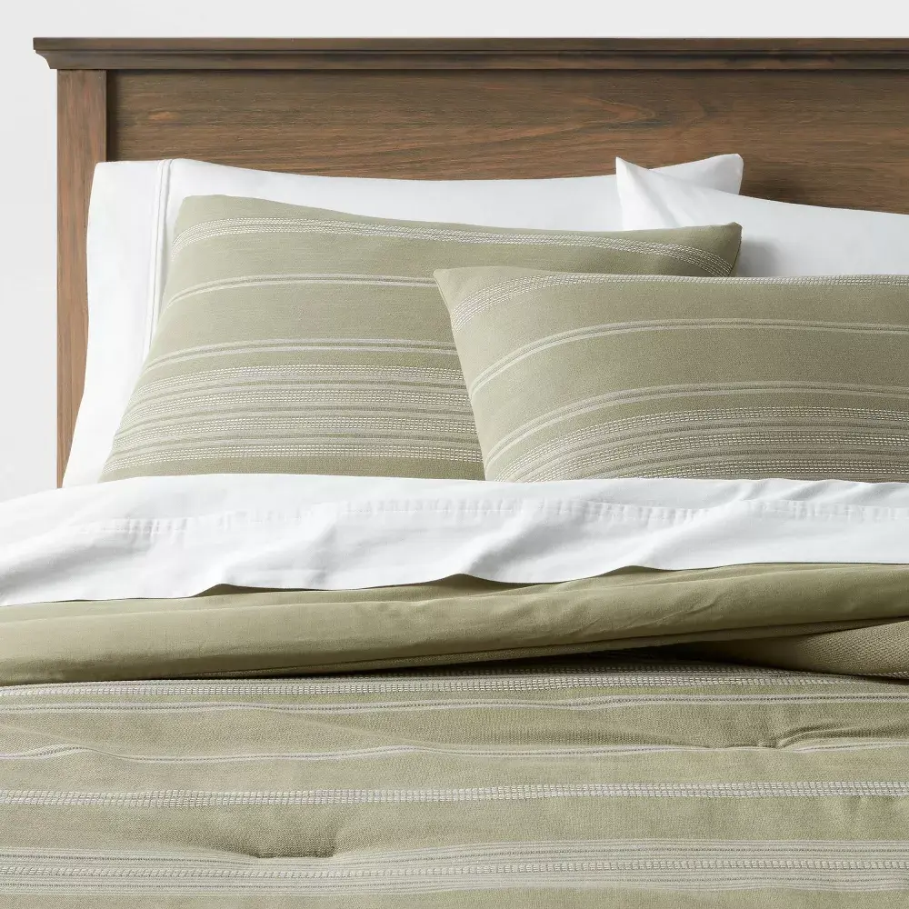 Threshold OEKO-TEX Certified Cotton Woven Stripe Bedding Set (Full/Queen, Moss Green/White) - Comforter & Sham Inclusions, Zipper Closure, Bed & Queen Comforter Set Variant, Bed Comforter Set