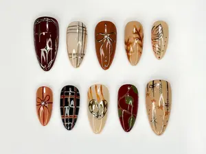 AuréNails - Elegance Fall Press On Nails | Chic Neutral Tones & Metallic Accents | Handmade Autumn-Inspired Stiletto Nails | Neutral Nail Art