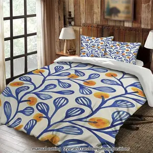 Blue leaf and orange fruit patterned fabric 3-piece comforter set, bedding set, suitable as a gift.
