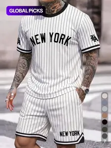 Men's "NEW YORK" Striped Baseball Matching 2-Piece Outfit, Vintage Streetwear Crew Neck T-Shirt & Shorts Set