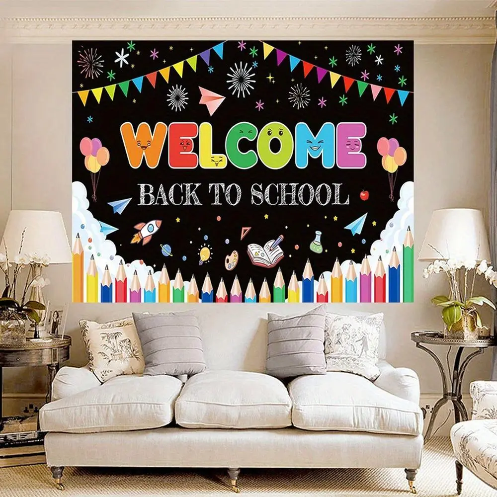 1pc Large Polyester Back to School Backdrop, 90.5x70.8in Fabric Banner for Classroom Decoration & Birthday Party Supply