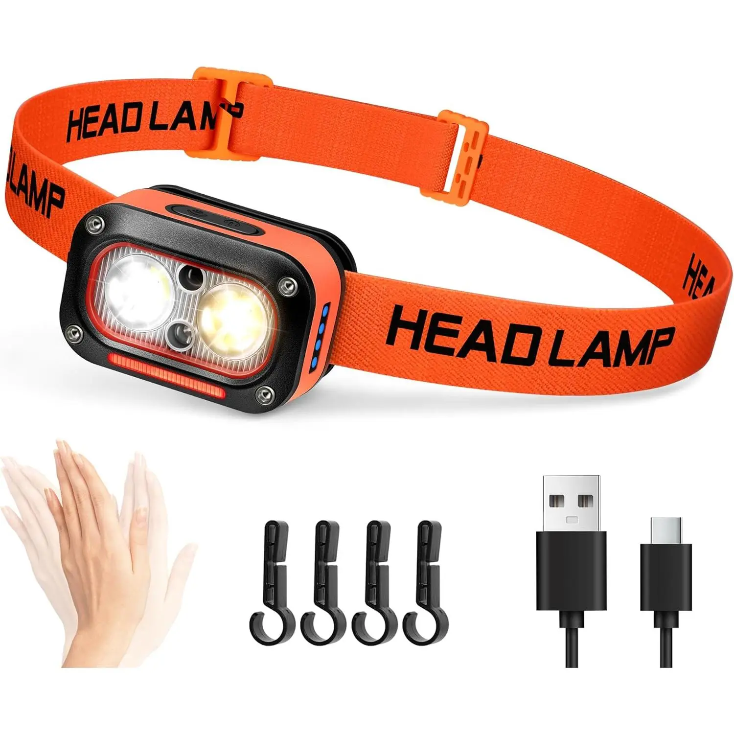High Lumens LED Hardhat Headlamp - USB-C Rechargeable Dual-Function with Motion Sensor, IPX4 Rating, Power Display, Red Warning, Warm Glow, Up/Down Adjustment, 6h Single-Light Mode, 4h Dual-Light Mode for Camping, Hiking