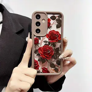 Phone Case: Vintage Red Rose Brown High Bamboo Shockproof Anti-Drop Phone Case Compatible with Samsung S26,S26PLUS,S26ULTRA,S25,S25PLUS,S25ULTRA,S24,S24FE,S24PLUS,S24ULTRA,A54,A53,A52,A36,A35,A34,A33,A17,A16,A15,NOTE20,NOTE20ULTRA,S23,S23PLUS,S23ULTRA,S22