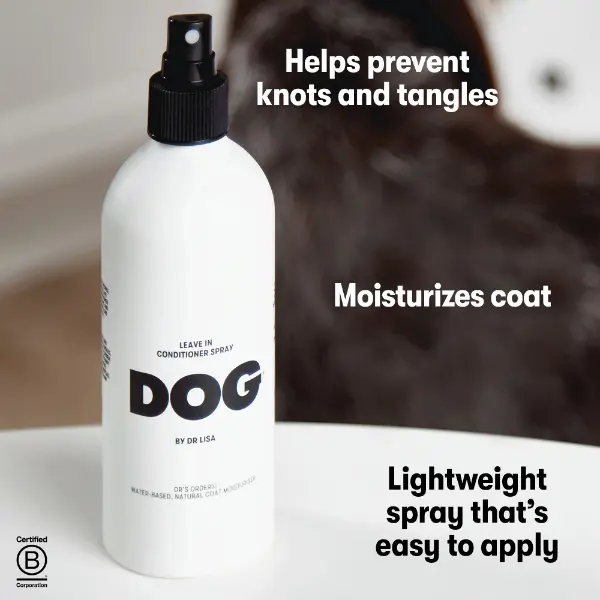 DOG by Dr Lisa Water-Based Leave-In Conditioner Spray for All Breeds - No-Rinse, 100% Biodegradable, Vegan-Friendly, Vet-Created, with Sodium Hydroxide, Aqua, Citrus Aurantium Bergamia Peel Oil, Glyceryl Oleate
