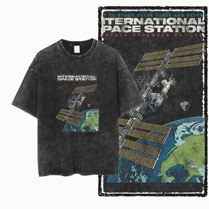 Premium DTG Digital Printing Unisex Vintage Washed International Space Station ISS Graphic T-Shirt | Outer Space Astronomy Oversized Cotton Streetwear Tee for Men & Women
