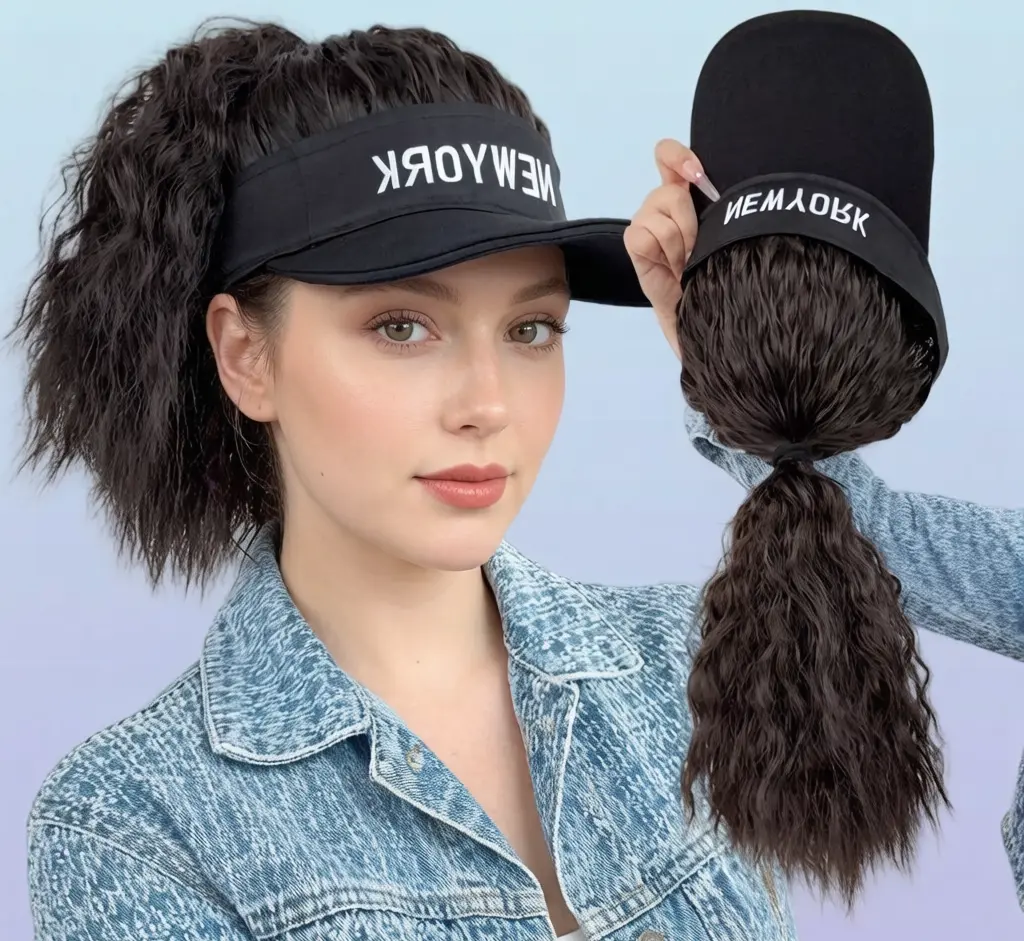 Women's Short Hood-Integrated Wig - Full Head Cover, Natural Realistic Look, Youthful High Ponytail Design, Sun-UV Protection, Outdoor Sports Accessory