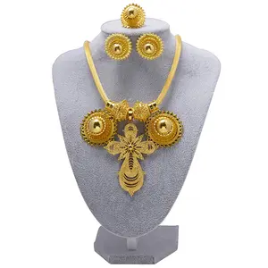 Exaggerated Larger Sunflower Cross Pendant Alloy Gold Plated Jewelry Set 3-Piece Women Earring Ring Cuban Link Chain Necklaces