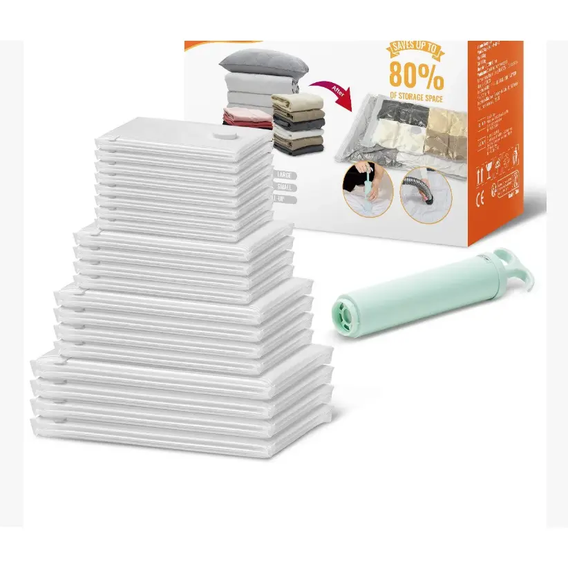 Vacuum Storage Bags, 20-Pack Space Saver Seal Bags (4 Jumbo/4 Large/4 Medium/4 Small + 4 Rolls) with Airtight Compression Zipper & Hand Pump, for Bedding, Clothing, Travel