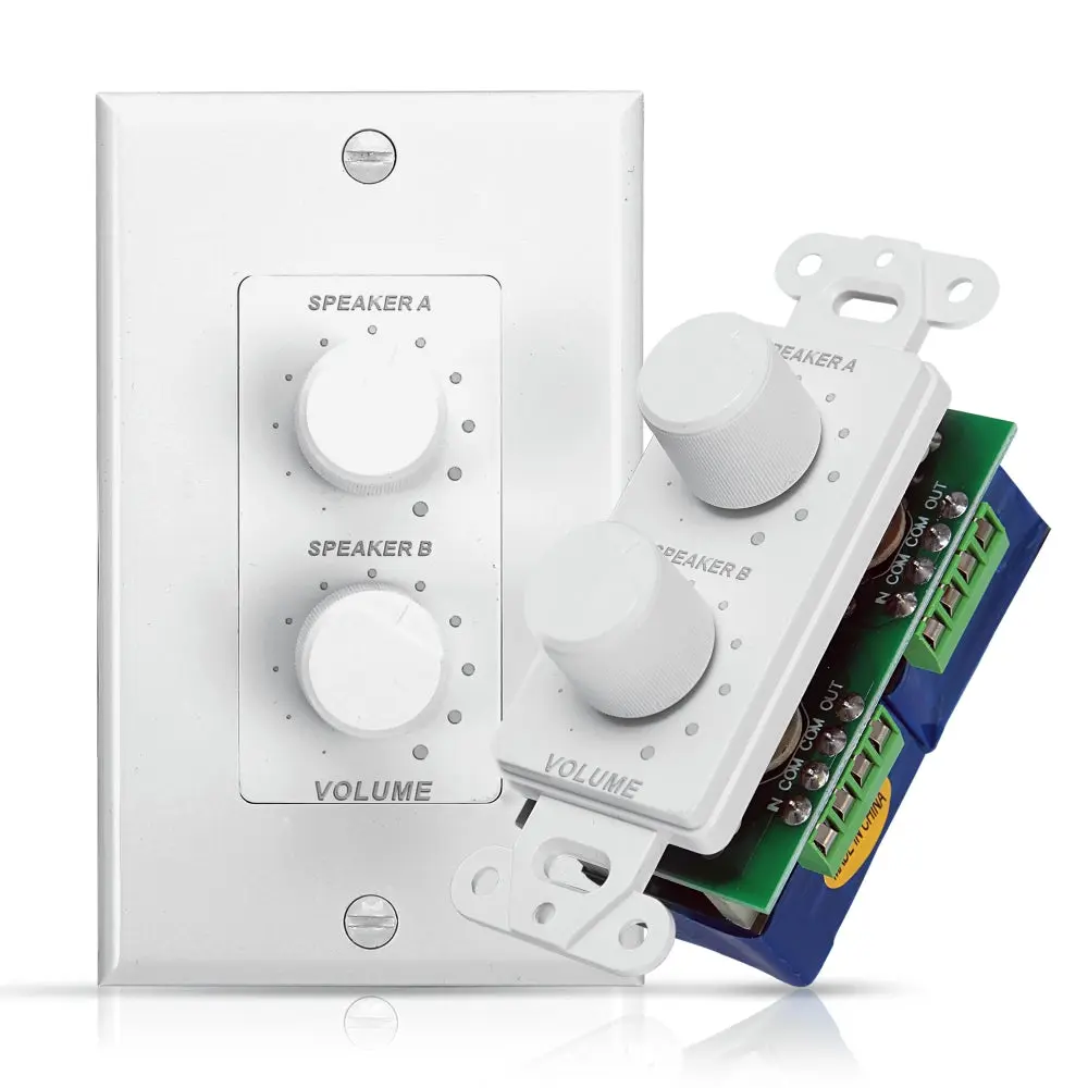 In-Wall Home Audio Stereo Speaker Volume Control Plate - Universal, Dual Knobs, 120W, Easy Installation, Clean & Smooth Adjustment, Independently Controls 2 Separate Stereo Channels, PVCD15