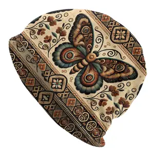 BIIHUDU Vintage Butterfly Beanie Hat Bonnet - Funky Style Knit Cap with Intricate Floral & Geometric Patterns, Brown & Beige, Polyes