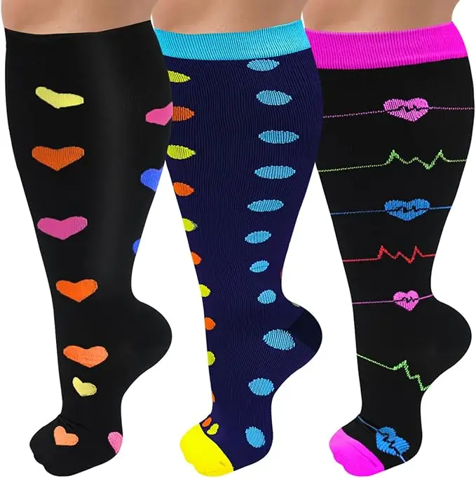 Tinylemon 3 Packs Plus Size Compression Knee High Sports Socks for Women and Men Wide Calf Stockings Breathable