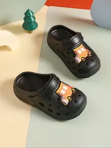 Summer New Plain Color Hole Shoes, Cute Thick Sole Anti-Slip Beach Vacation Sandals, Cartoon Car Excavator Decorative Flip Flops for Boys Girls, Slip Resistant Sandals