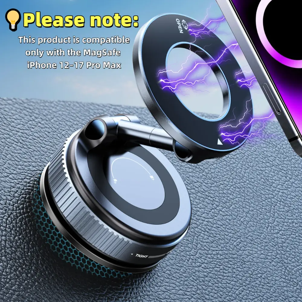 Upgraded Foldable Dual‑Fixation Phone Mount, Unpowered Vacuum Adsorption plus Magnetic Attraction Car Holder, 360° Free Rotation Adjustable Angle Quiet No‑Noise Phone Stand for iPhone & Android Smartphones