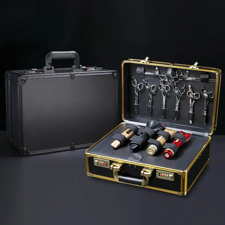 Metallic Professional Hairdressing Makeup Case - Rectangular Shape, Fireproof Board, Flip Top, Combination Lock, Built-in Organizer, Shoulder Strap, 20kg Capacity, 40×16.5×27.5cm, Travel Cosmetic Bag for Barbers, Organize My Vanity Home Storage Solution
