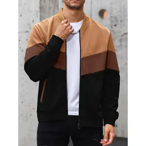 Men's Lightweight Bomber Jacket - Color Block Varsity Coat with Beige/Brown/Black Contrast, Ribbed Cuffs & Waistband, Zipper Closure, Machine Washable Casual Outerwear, Casual Attire, Modern Design, Durable Fabric, Urban Style, Streetwear Fashion, Contemp
