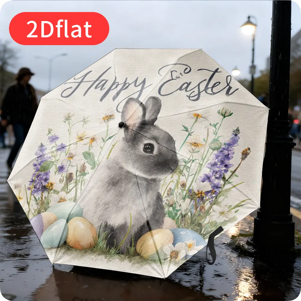 A folding Easter bunny umbrella – featuring an adorable watercolor-style design with colorful Easter eggs and floral elements, a durable canopy made of sturdy plastic and metal, perfect for everyday use, fresh and