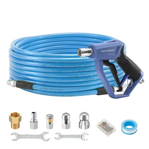 RIDGE WASHER Sewer Jetter Kit for Pressure Washer 50FT, 3600 PSI Drain Cleaning Hose with Short Pressure Washer Gun, 1/4 Inch NPT Corner, Rotating and Button Nose Sewer Jetting Nozzle