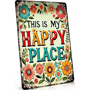This Is My Happy Place Aluminum Sign, Flat Vintage Floral Wall Decor, Colorful Folk Art Flower Design, Perfect for Patio, Porch & Bedroom, 8x12 Inch, Great Cheerful Gift for Nature Lovers, Trendy Retro Whimsical Vibe Decoration