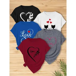 5-Piece Women's Heart&Love Print Short-Sleeved T-Shirt, Women's Causal Comfortable Crewneck T-shirt, Cute Clothes, Summer Tops For Ladies, Suitable For Going Out, Fashionable Women's Daily Multi-Color Clothing