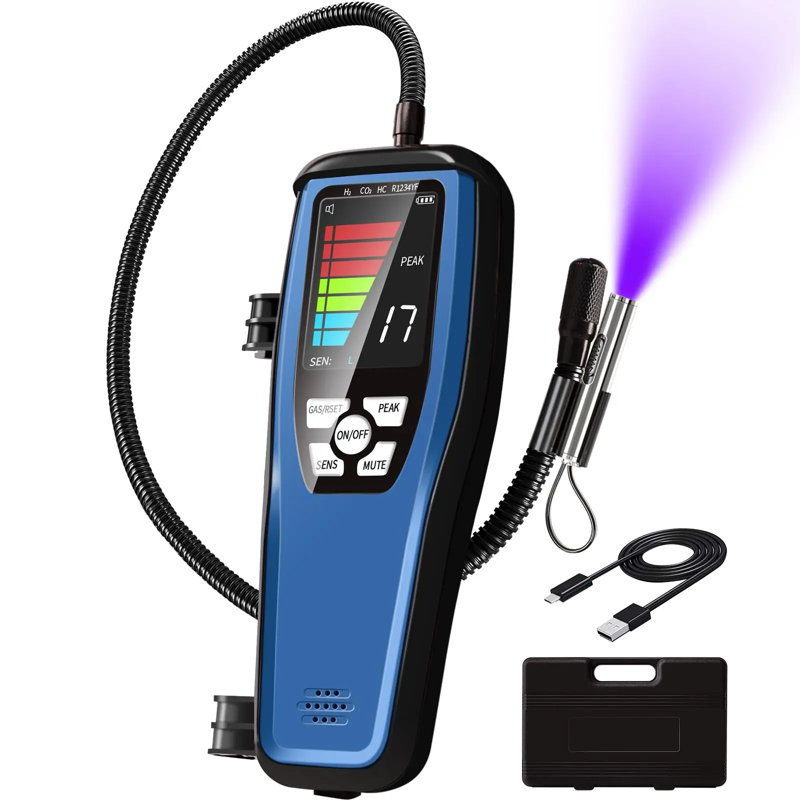 Portable HVAC Refrigerant Leak Detector ALD-200, Freon Halogen Combustible Gas Sniffer with 16-in Sensor Probes, Visual Alarm, Audio Buzzer, Display, Toolbox – Detects A2L R32 R410A R454B R600A R290 Methane Propane for Automotive Use