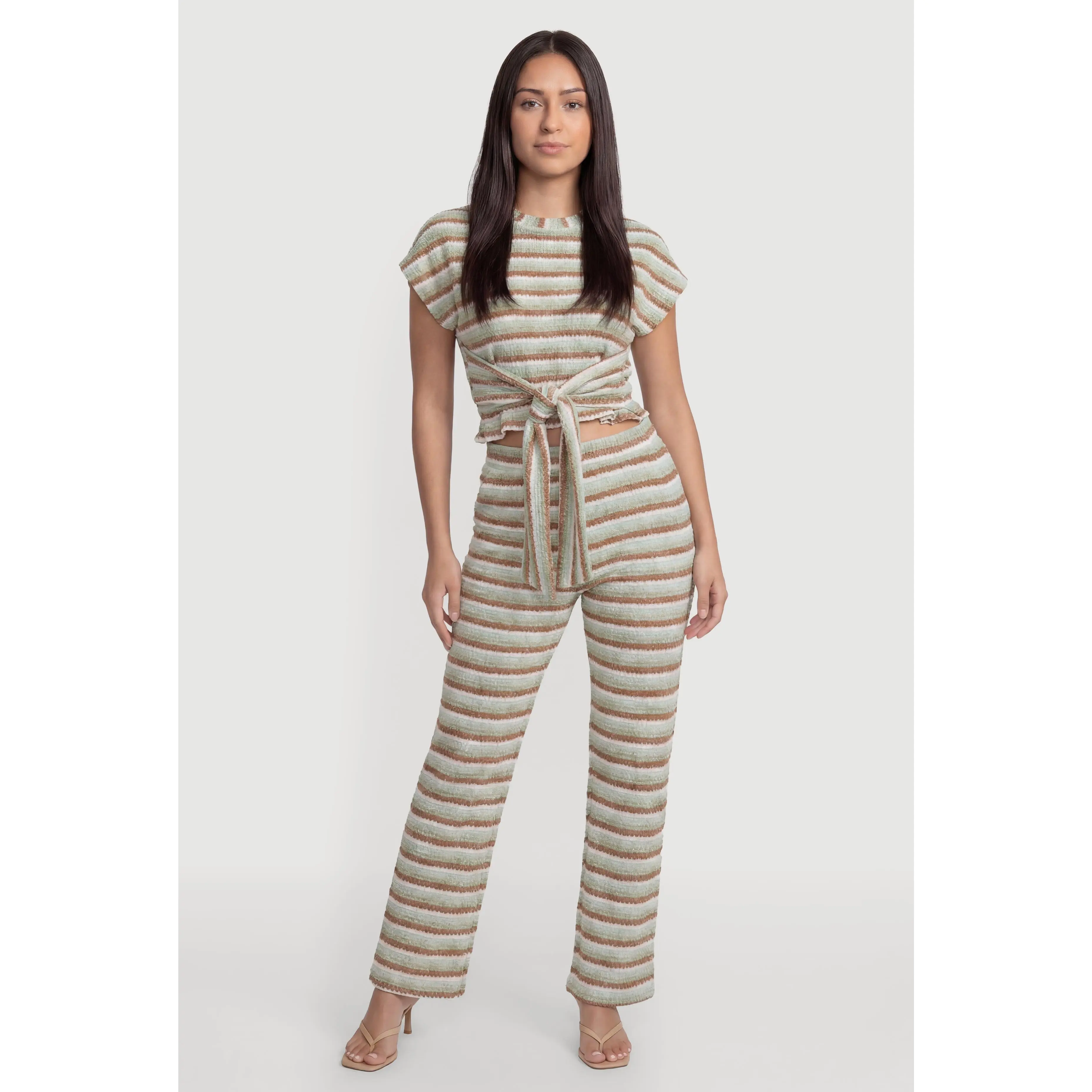Striped Textured Knit Boot Cut Casual Pants