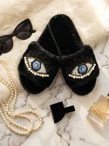 Women's Plush Strap Devil Eye Embroidered Slippers, Comfortable Faux Fur Lining, Elegant Open Toe Design, Perfect for Home and Casual Outing