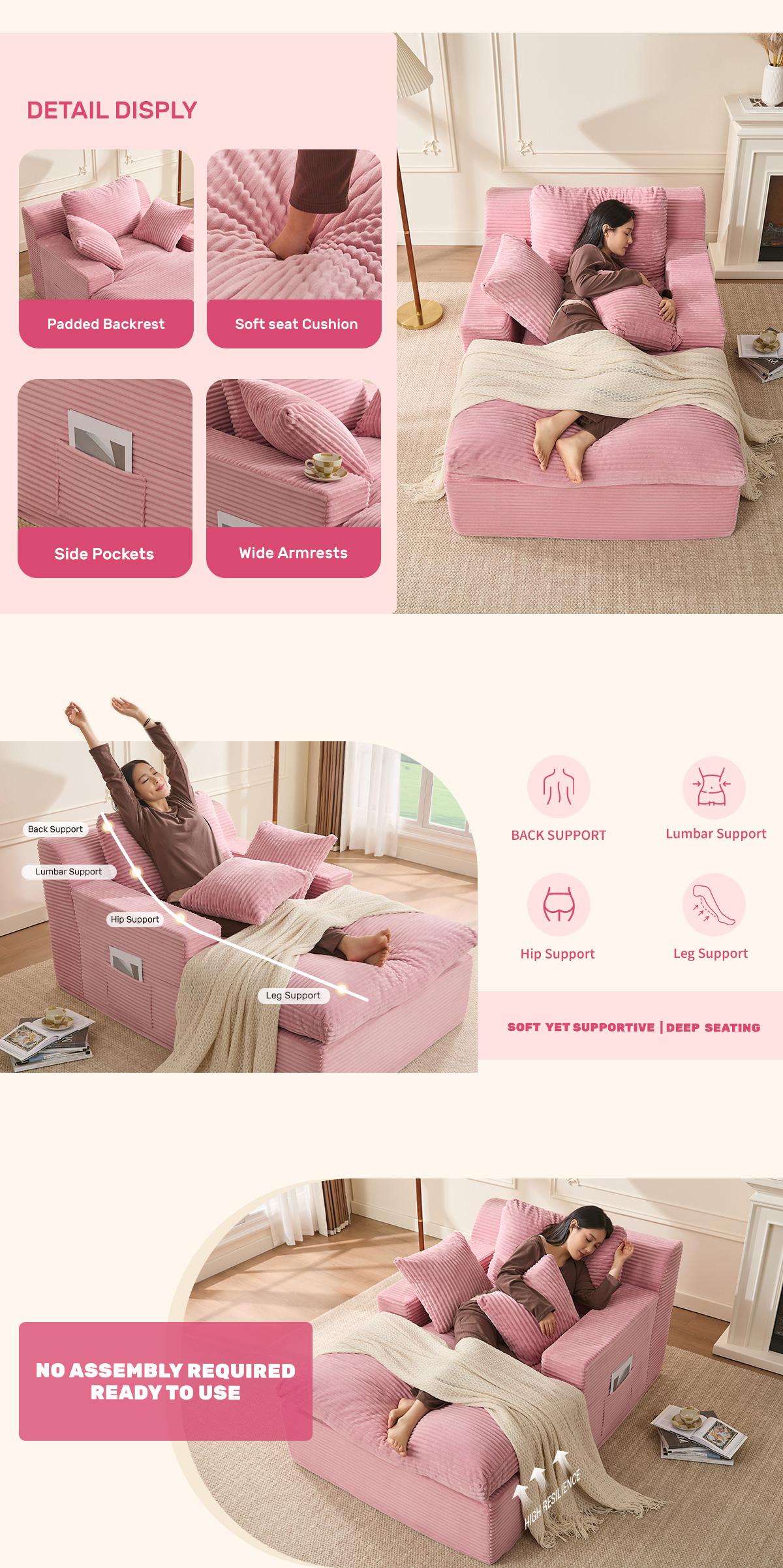 AFUSON 62" Oversized Boneless Chaise Lounge Chair, Extra Cloud Layer, Convertible Sleeper Sofa Couch with Removable Pillows & Side Pockets, Corduroy Upholstered Sofa Bed with Armrests for Living Room,sofa bed,Camel,couch bed,bean bag chair,couches