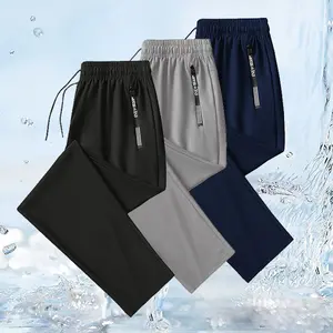 Men’s ice silk quick-dry casual pants — high stretch, breathable, elastic waistband, straight cut, zippered pockets, waterproof sports pants — suitable for summer running, fitness, and everyday commuting.