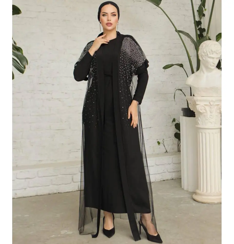 Modest Muslim Woman Starlight Sheer Overlay Abaya - 3355 Black