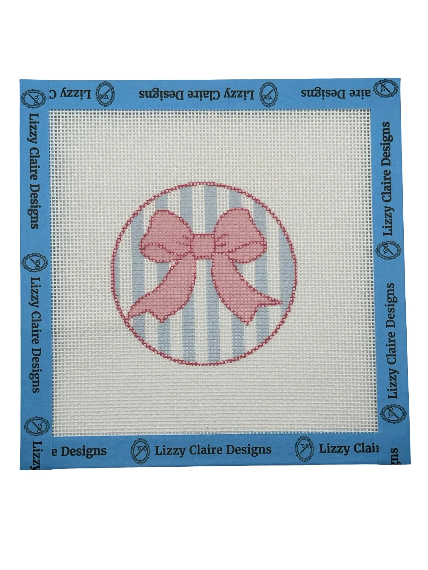Pink Bow on Light Blue Striped Background - 18 mesh - 6 x 6 - Needlepoint Canvas