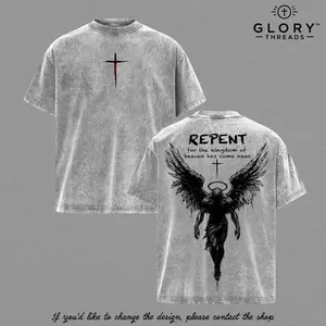Repent Vintage Washed Oversized Christian T-Shirt, Angel Wings Faith Graphic Tee, “Kingdom of Heaven Has Come Near” Gospel Streetwear Top, Heavy Cotton Unisex Retro Worship Shirt