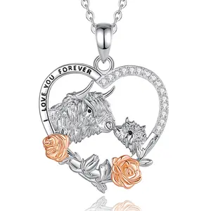 Eudora S925 Sliver Handcrafted Highland Cow Necklace, Unique "I Love You Forever", RoseGold Accents Pendant With CZ, Ideal for Girl Gifts Chic Jewelry for Women