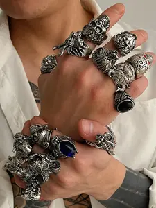 16-Piece Punk Style Silver Color Skull Ring Set, Vintage Gothic Jewelry, Lion Head, Tiger Head, Dragon Design for All Seasons, Stacking Rings