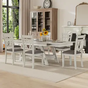 VECELO Expandable Solid Wood Dining Table Set with Upholstered Chairs and Bench, Extendable Kitchen Table for 4-8 People,  Dining Room Furniture with Seats