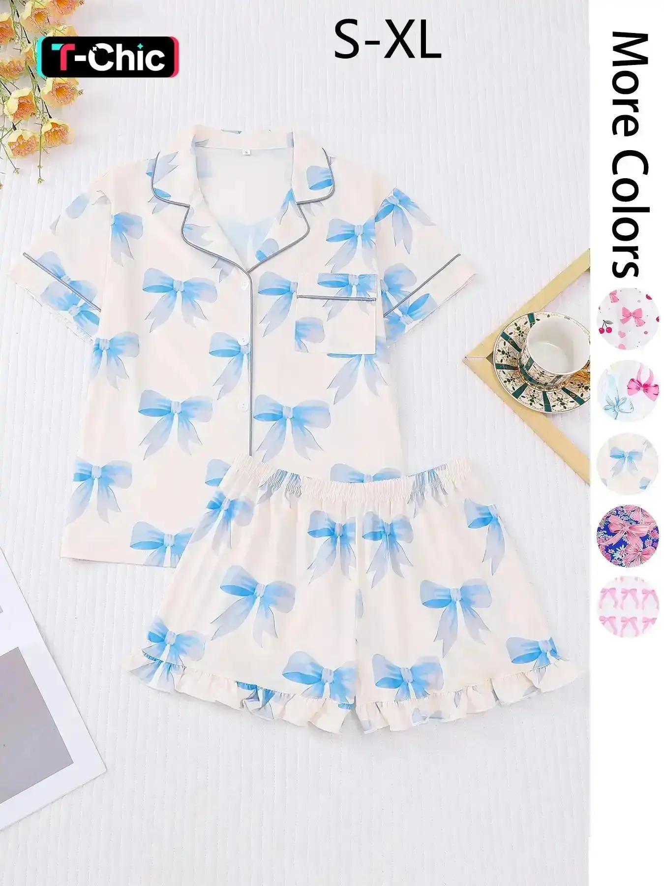 Women's All Over Print Pocket Crop Top & Shorts Pyjama Two-piece Set, Casual Comfy Short Sleeve Collared Top & Shorts PJ Set, Ladies Summer Sleepwear, Loungewear, Loungewear Pajamas Set, Loungewear Pjs