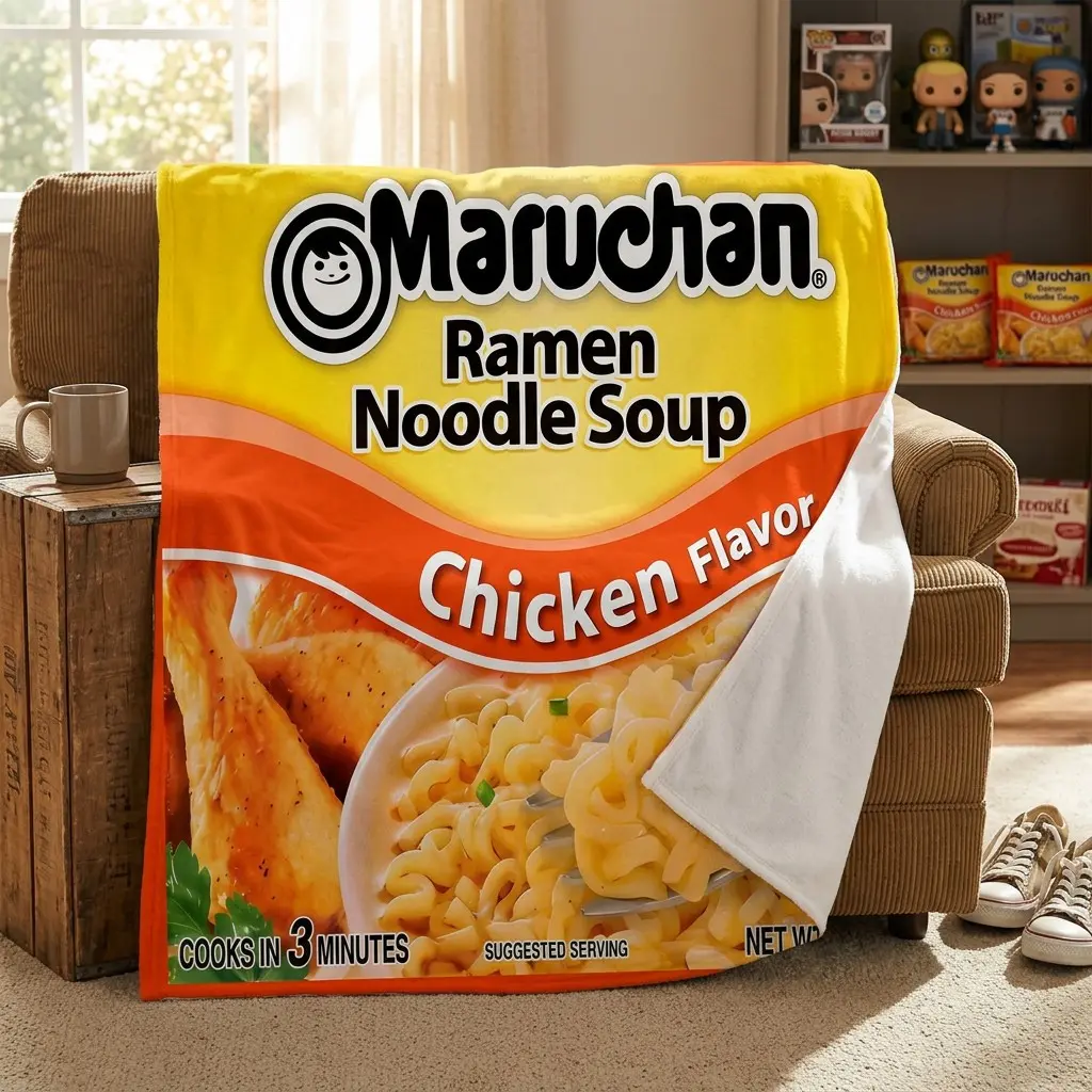 Chicken Flavor Ramen Noodle Soup Blanket, Fun Gift for Ramen Lovers, Comfortable Ramen Blanket for Boys and Girls, Unique Food Theme Blanket, Soft Cozy Blanket Throw