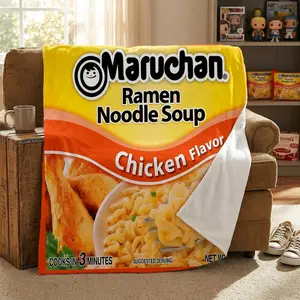 Chicken Flavor Ramen Noodle Soup Blanket, Fun Gift for Ramen Lovers, Comfortable Ramen Blanket for Boys and Girls, Unique Food Theme Blanket