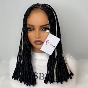 WIGSBYITO Triangular cut braided wig Bantu knots 360 full lace cap color black with a touch of cream