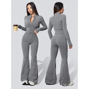 Women's Two-Piece Set, Knit Tracksuit Matching Set, Textured Sweatsuit, Sweatsuit Sets, Autumn Winter Knit Ribbed Jacket & High-Waisted Flare Pants, Casual Fitted Outfit for Yoga Gym