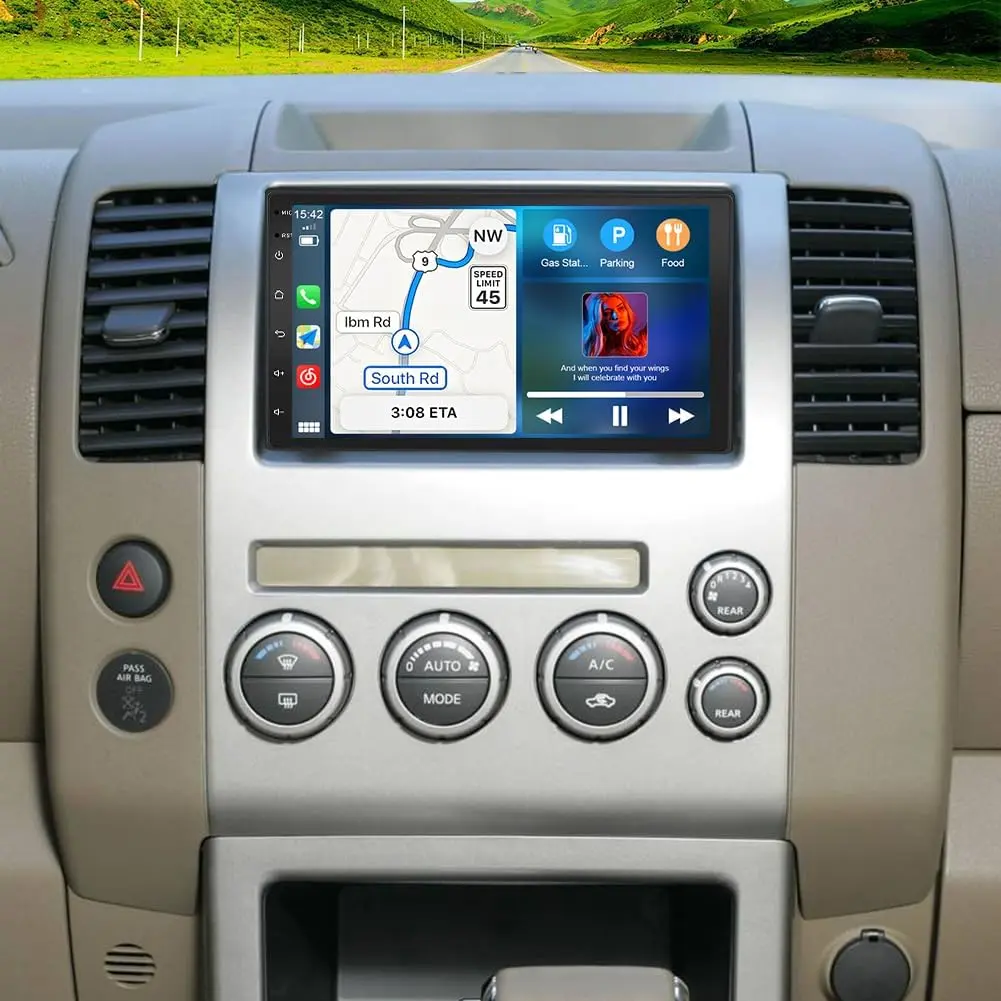 7 in Double DIN Android Car Stereo for Nissan Pathfinder 2005-2010, Wireless CarPlay, Android Auto, GPS Navigation, Bluetooth, WiFi, SWC, Backup Camera, Multi-Language Support (English, Russian, Chinese, Portuguese, Spanish, Italian, German), Korean