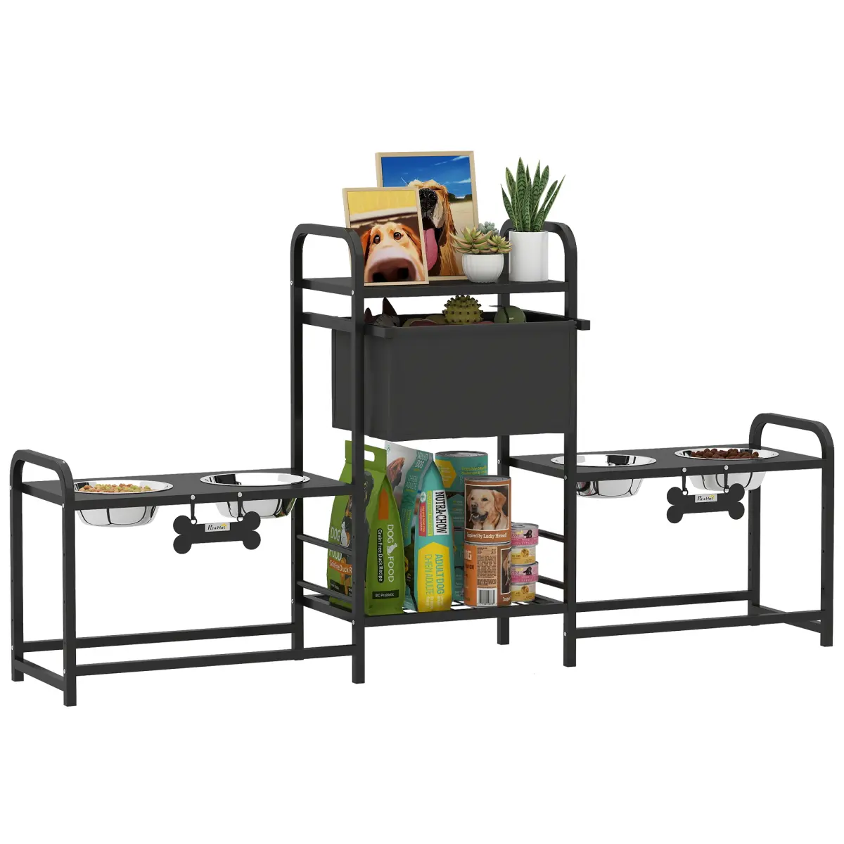 [Bellemave] Dog Bowl Stand with 2 Feeding Stations, 3 Height Adjustable Elevated Dog Bowls with Toy Bin Basket, Lifted Food and Water Bowl, Black