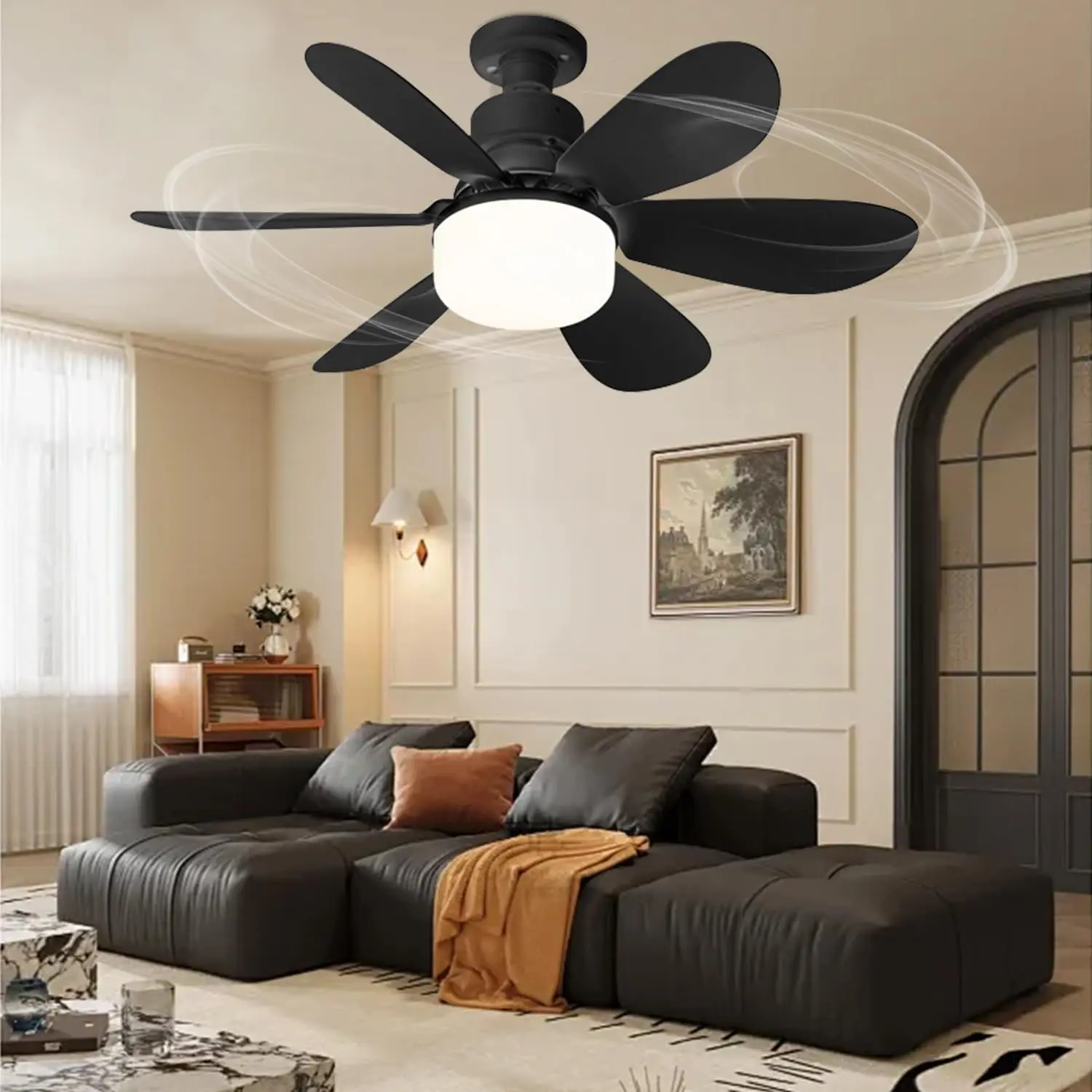 Black Modern Round Indoor LED Ceiling Fan Lights, 20.5in 40W E26 Base Socket, 3000-6000K 3-Color Modes, 8-Level Dimming 1900LM, Remote Control, Easy-Install Screw-In Portable Cooling Fan for Bedroom, Kitchen