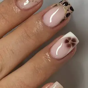 24pcs Medium-Length Square Nails, Nude Base with Tortoiseshell, Leopard French Tips, Gold Foil Glitter, Easy Wear, Retro Style, Nail Design, Nail Tips Art