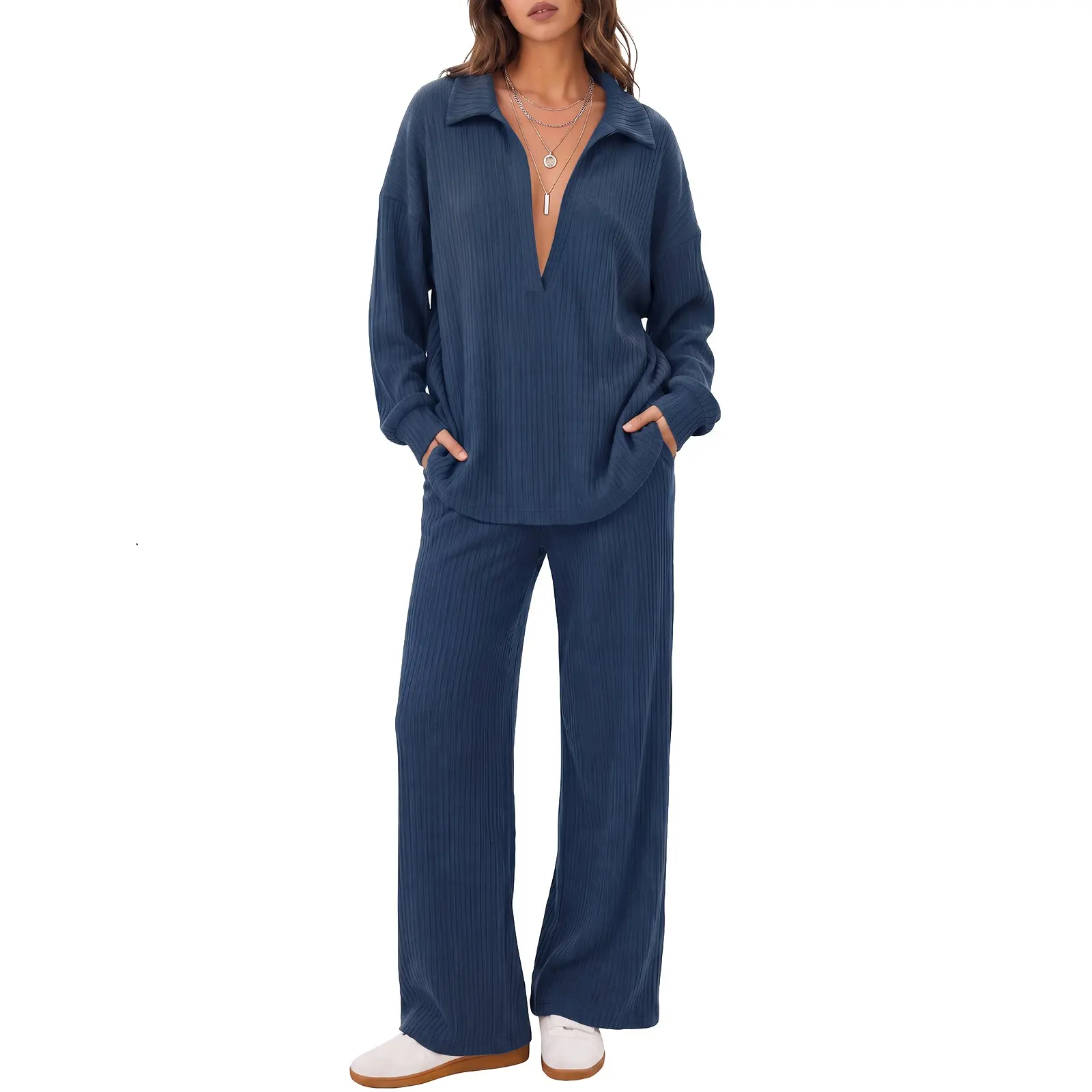 Women's Vertical Ribbed 2 Piece Loungewear Set, Collar Deep V Lantern Long Sleeve Shirt & Wide Leg Pants Matching Tracksuit Outfit Pocket