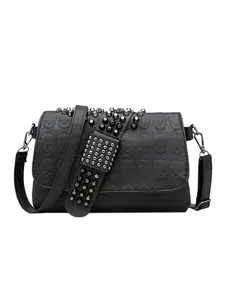Leather embossed women's crossbody shoulder bag with rivet skull head, suitable for shopping and daily use. Fashionable shoulder bag